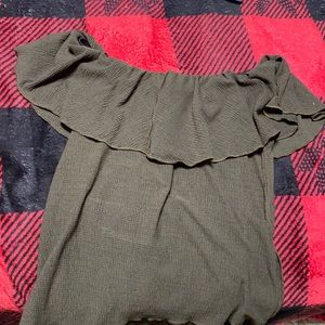 green off shoulder blouse. (i don’t know the brand!)